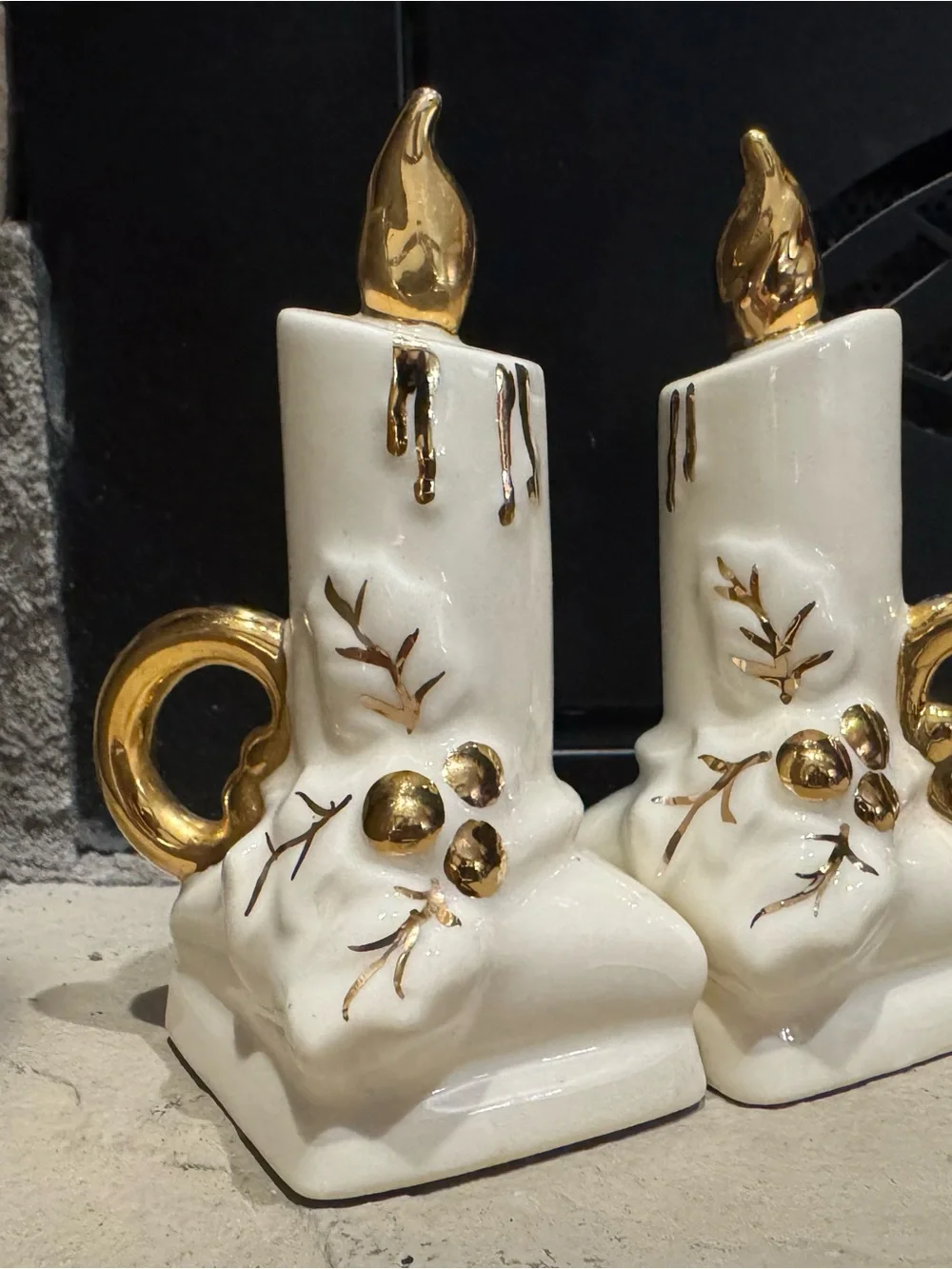 Vintage 1950‘s Christmas Candle Salt & Pepper Shakers Gold & White Ceramic